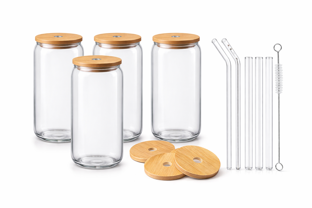 480ml Can Glass Cups with Bamboo Lids & Glass Straws – 4 Pack