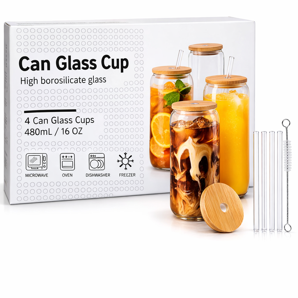 480ml Can Glass Cups with Bamboo Lids & Glass Straws – 4 Pack