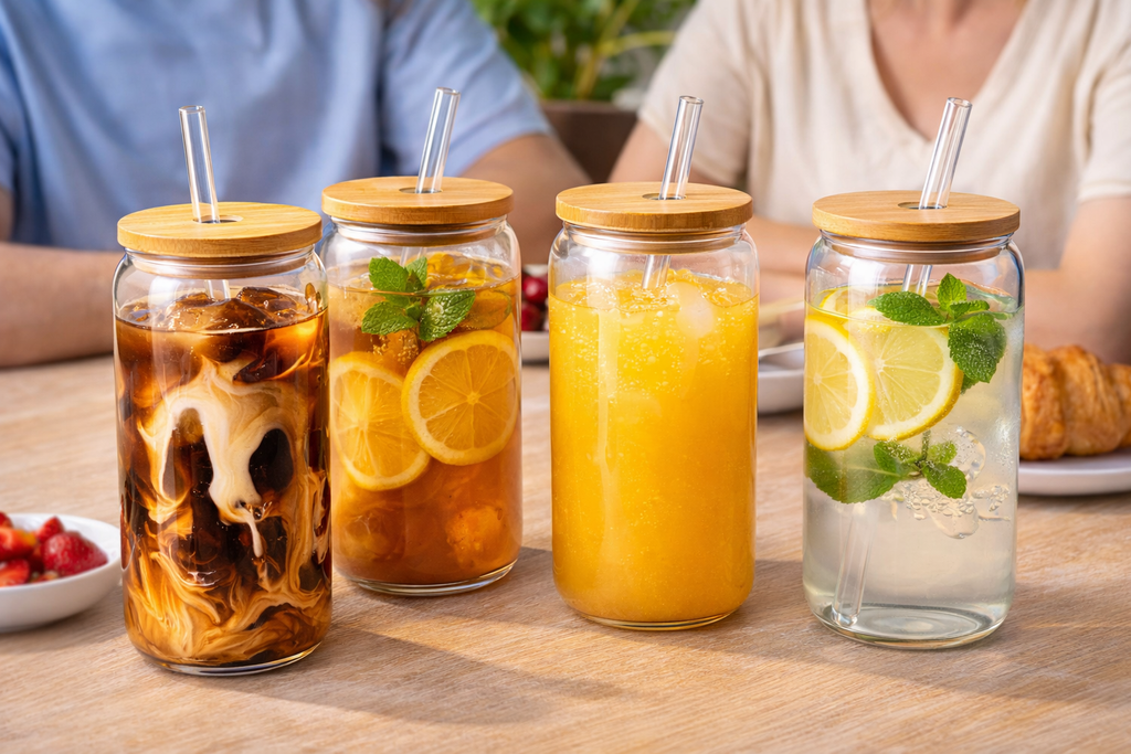 480ml Can Glass Cups with Bamboo Lids & Glass Straws – 4 Pack