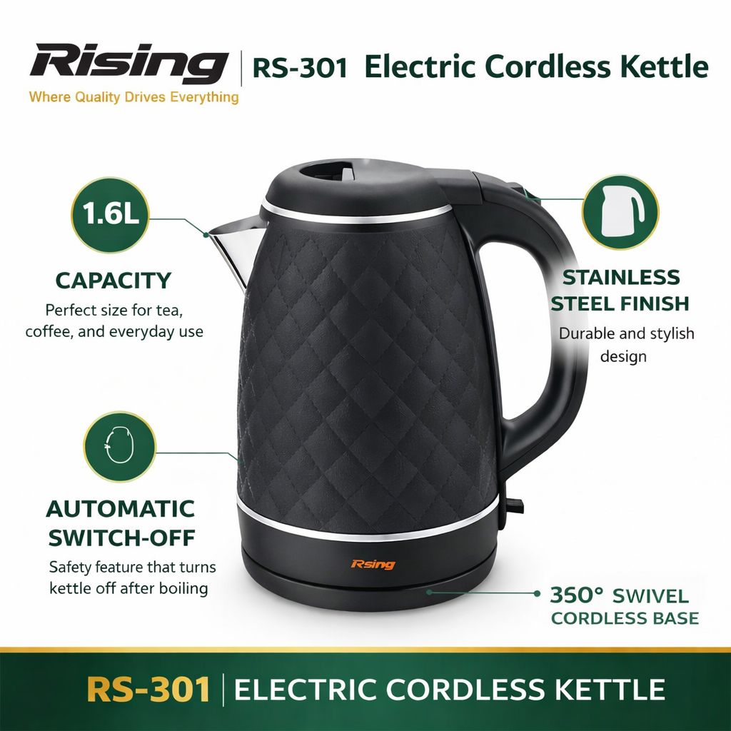 Rising RS-301 Electric Cordless Kettle – 1.6L Stainless Steel Electric Kettle with Auto Shut-Off