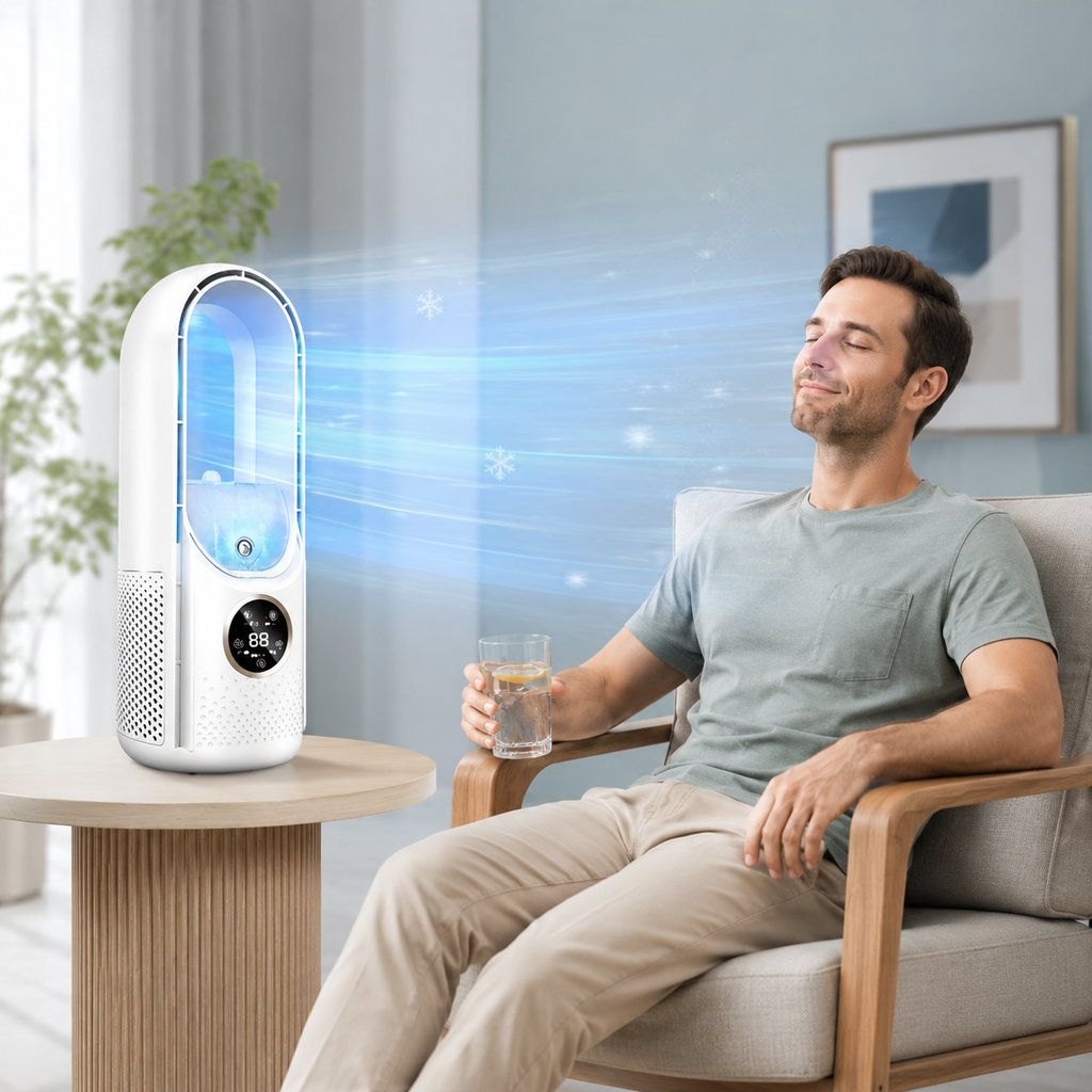 Bladeless Humidifier Fan with 6 Speeds – Quiet Mini Air Cooler for Desk & Bedroom