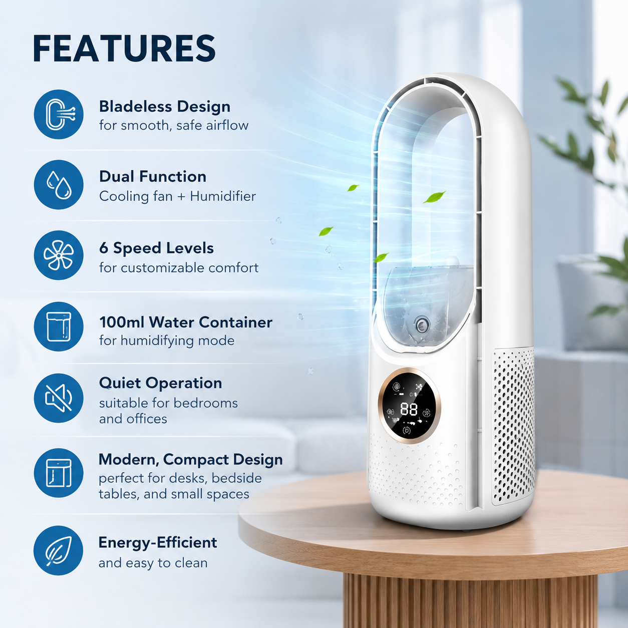 Bladeless Humidifier Fan with 6 Speeds – Quiet Mini Air Cooler for Desk & Bedroom