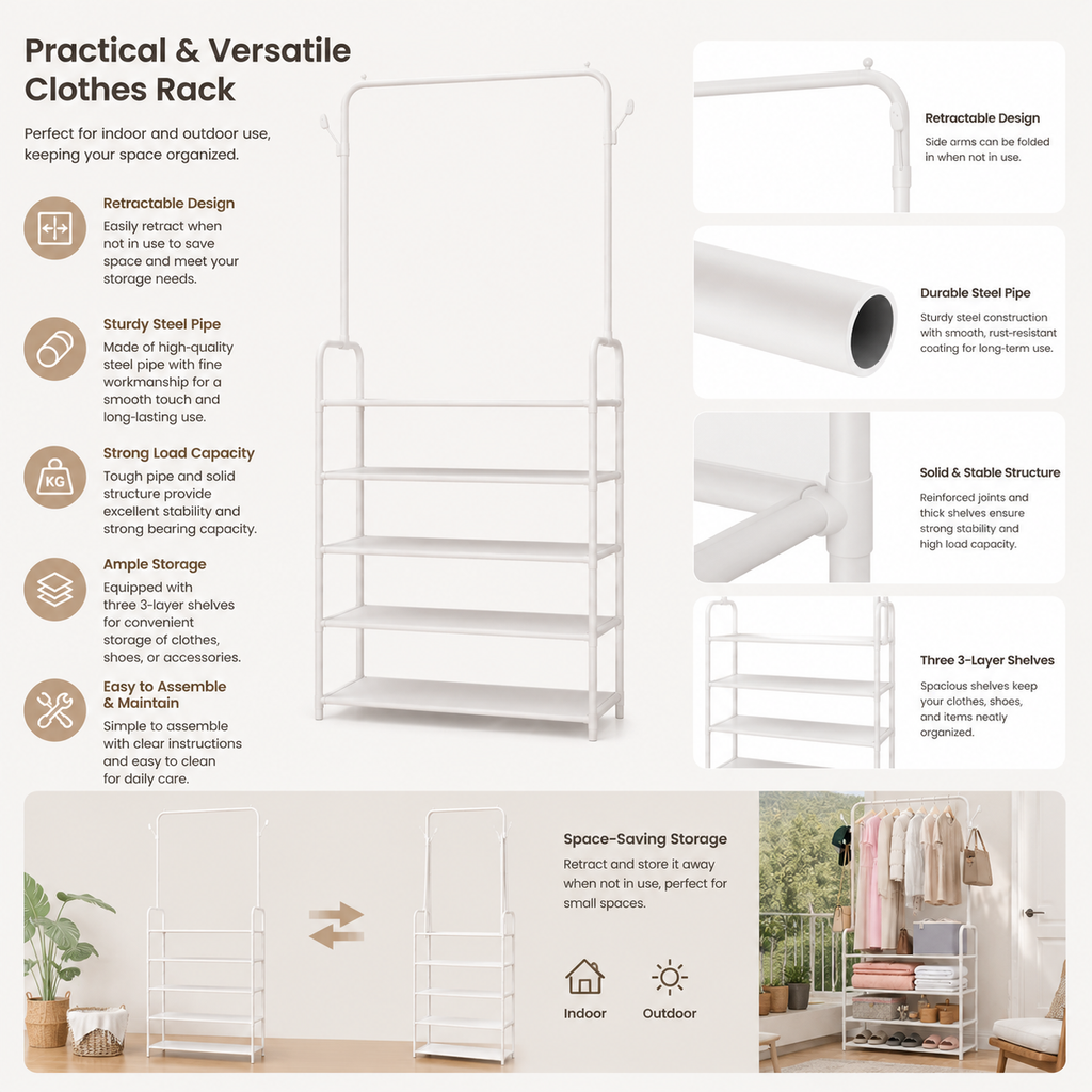 5-Tier 2-in-1 Shoe Rack with Coat & Hat Hanger – Space Saving Entryway Organizer