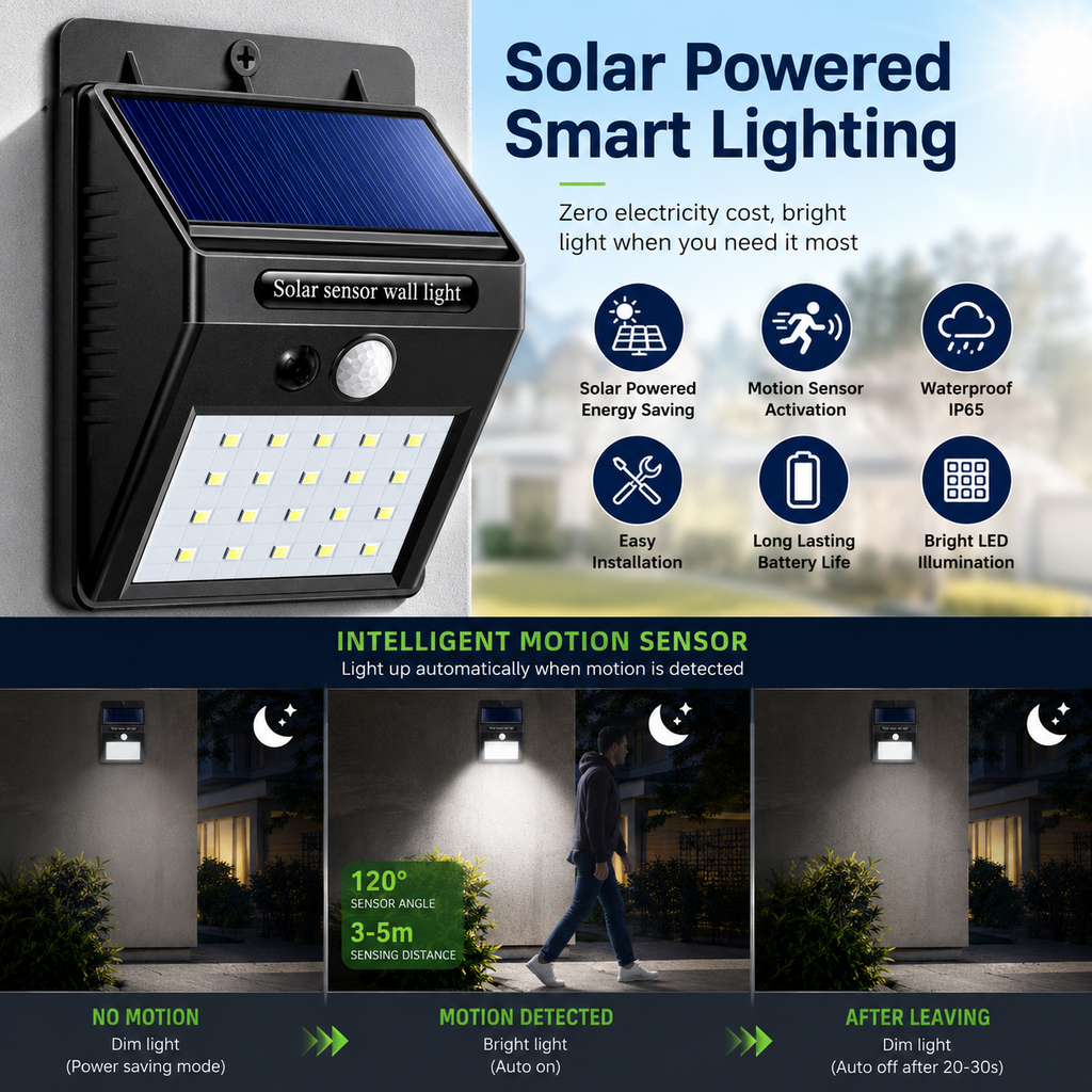 PI-9 Solar Motion Sensor Wall Light – Waterproof Outdoor LED Security Light