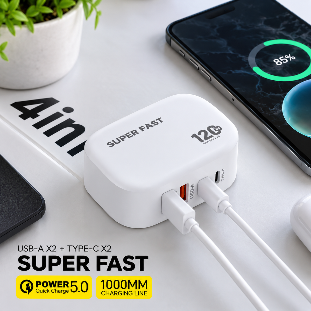 4-in-1 120W Super Fast Charger – USB-A & Type-C