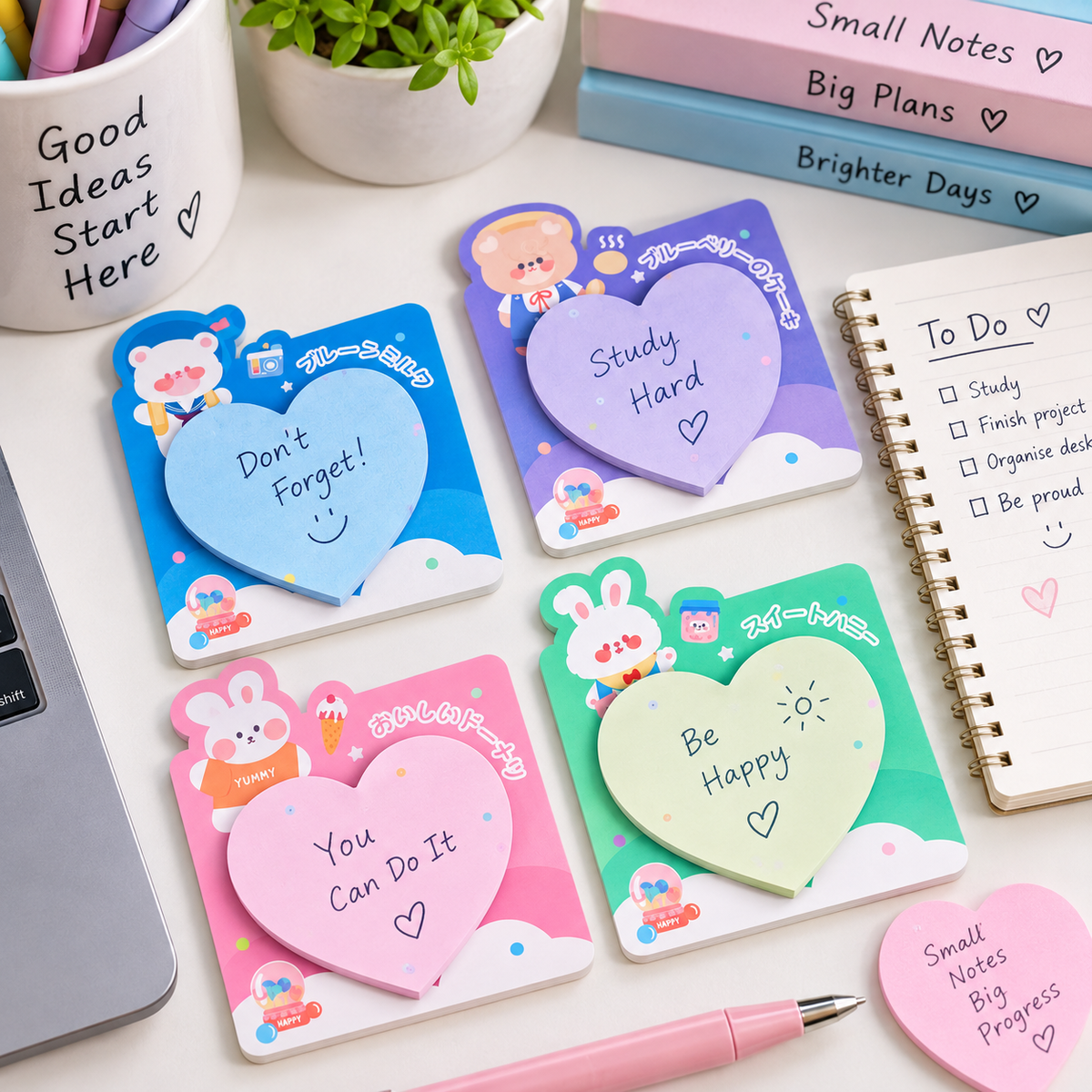 Kawaii Heart-Shaped Sticky Notes – 50 Notes per Pack