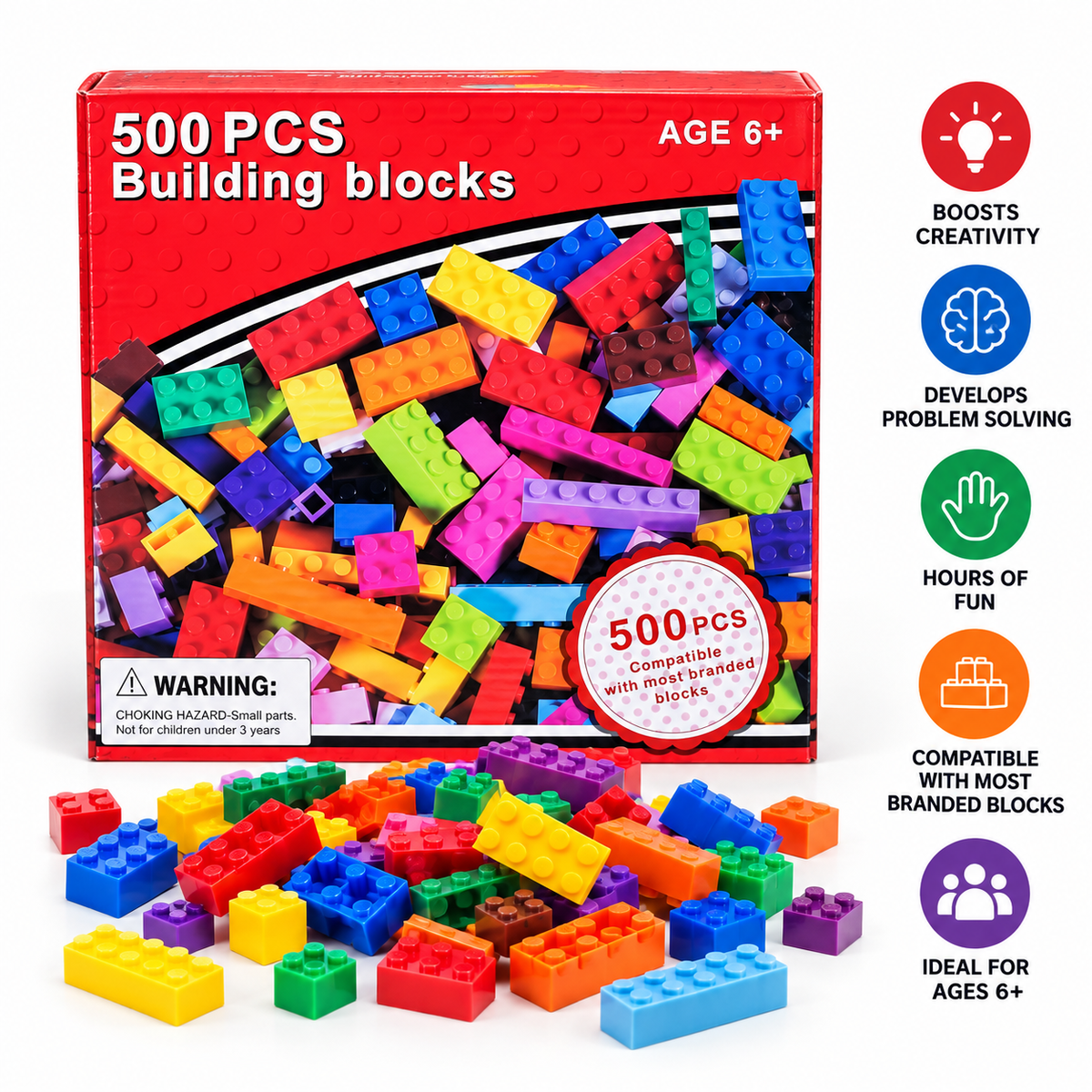 A 500-piece set of colorful building blocks shown with their red retail box on a white background, plus a vertical list of benefits on the right.