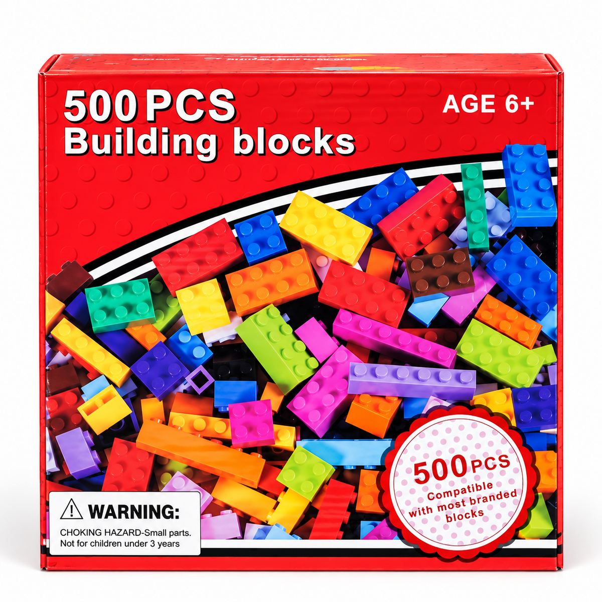 A red retail box of 500 plastic building blocks for ages 6+, featuring a colorful assortment of interlocking blocks printed on the front, with text indicating compatibility with most branded blocks.