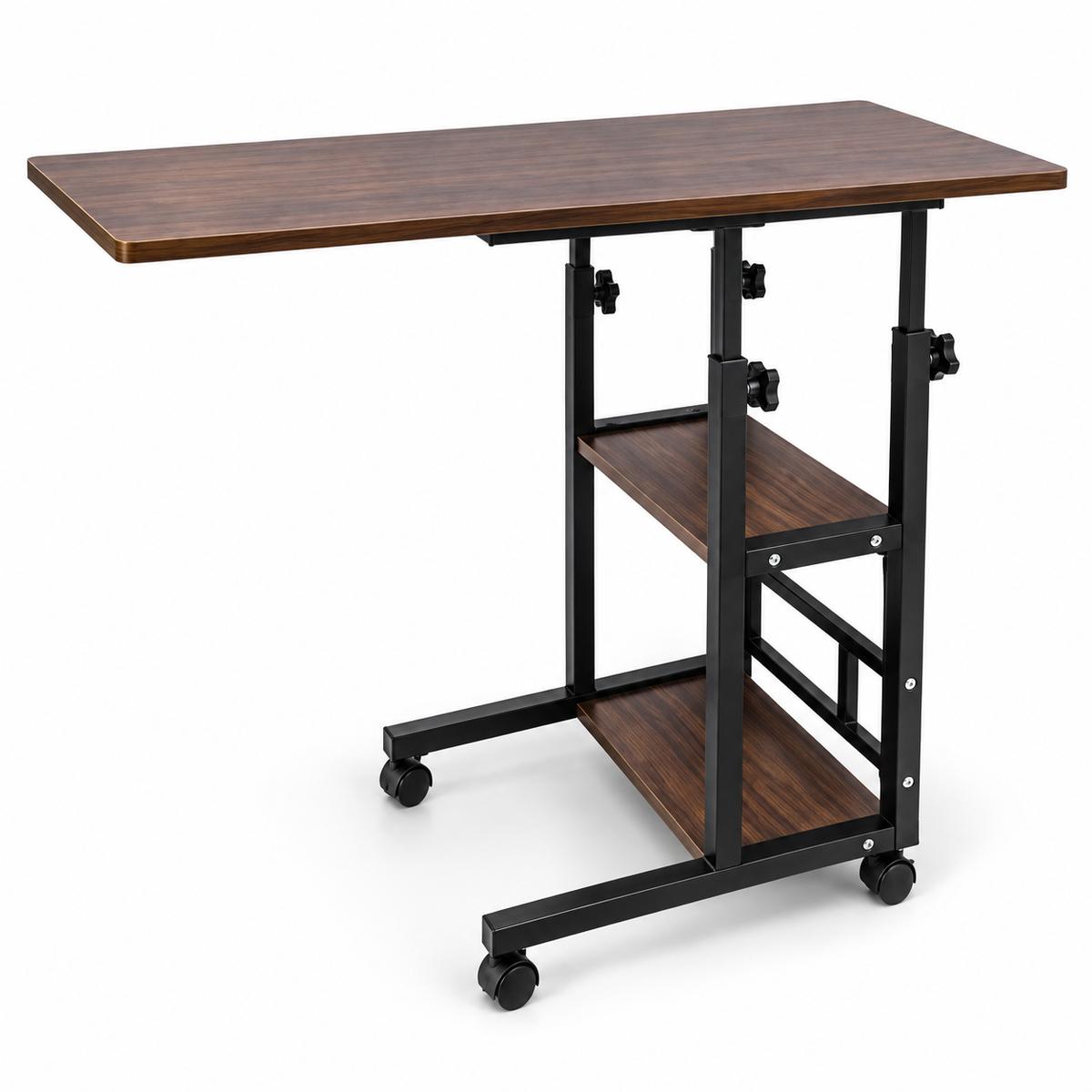 Adjustable Overbed Laptop Table with Storage Shelves & Wheels