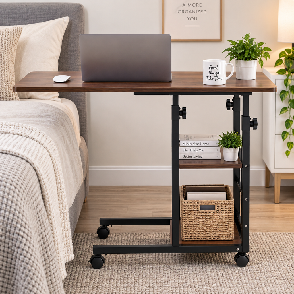 Adjustable Overbed Laptop Table with Storage Shelves & Wheels