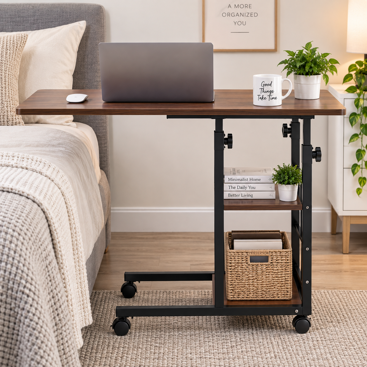 Adjustable Overbed Laptop Table with Storage Shelves & Wheels