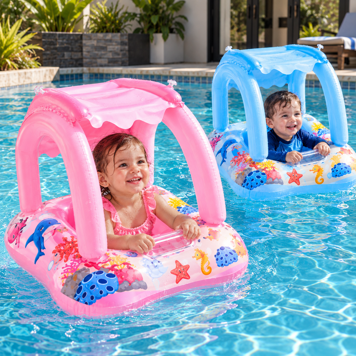 Kids Inflatable Pool Float with Canopy – Pink & Blue Baby Swim Float
