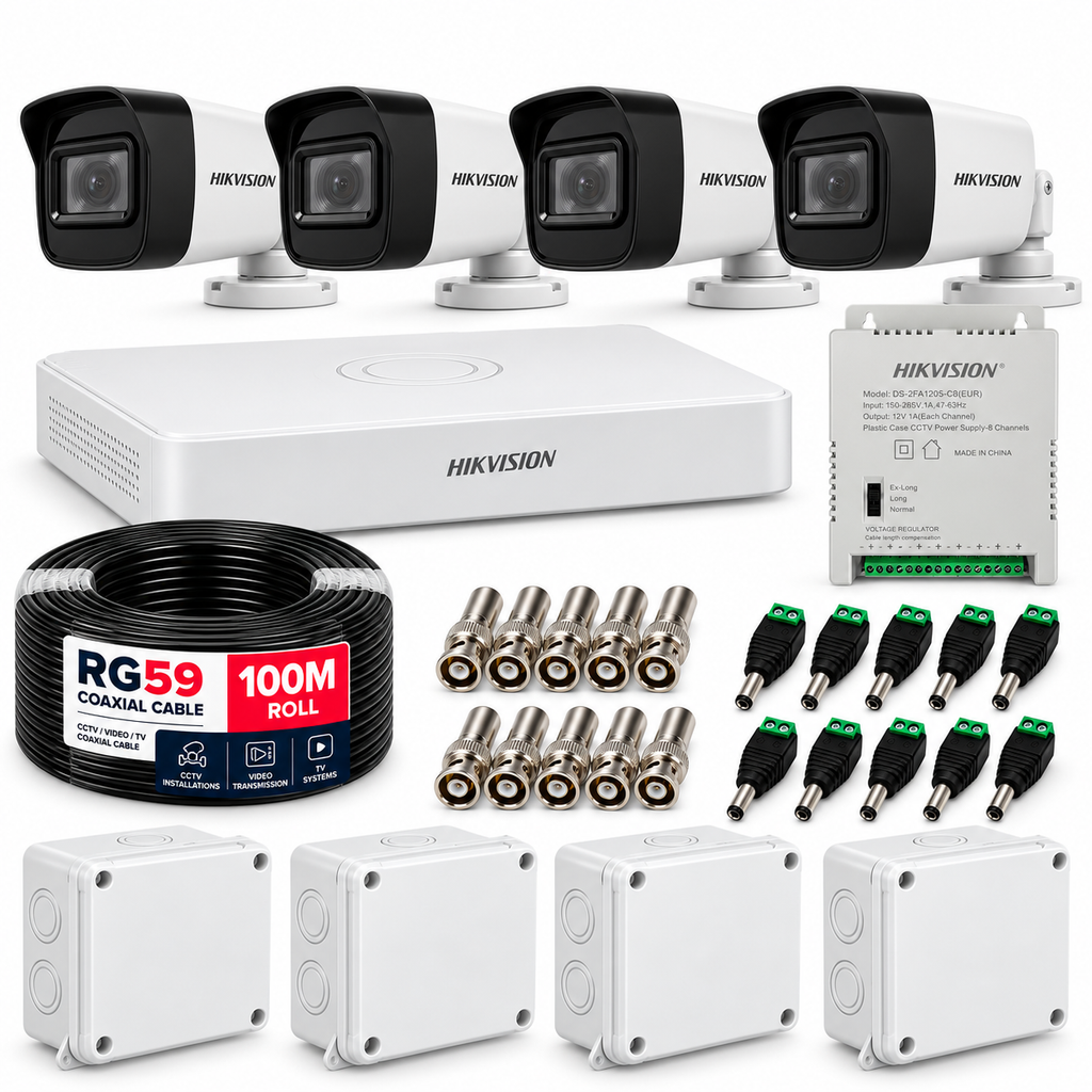 Hikvision 4 Camera 2MP CCTV Complete Security Set – 4CH DVR, 100M Cable & Accessories