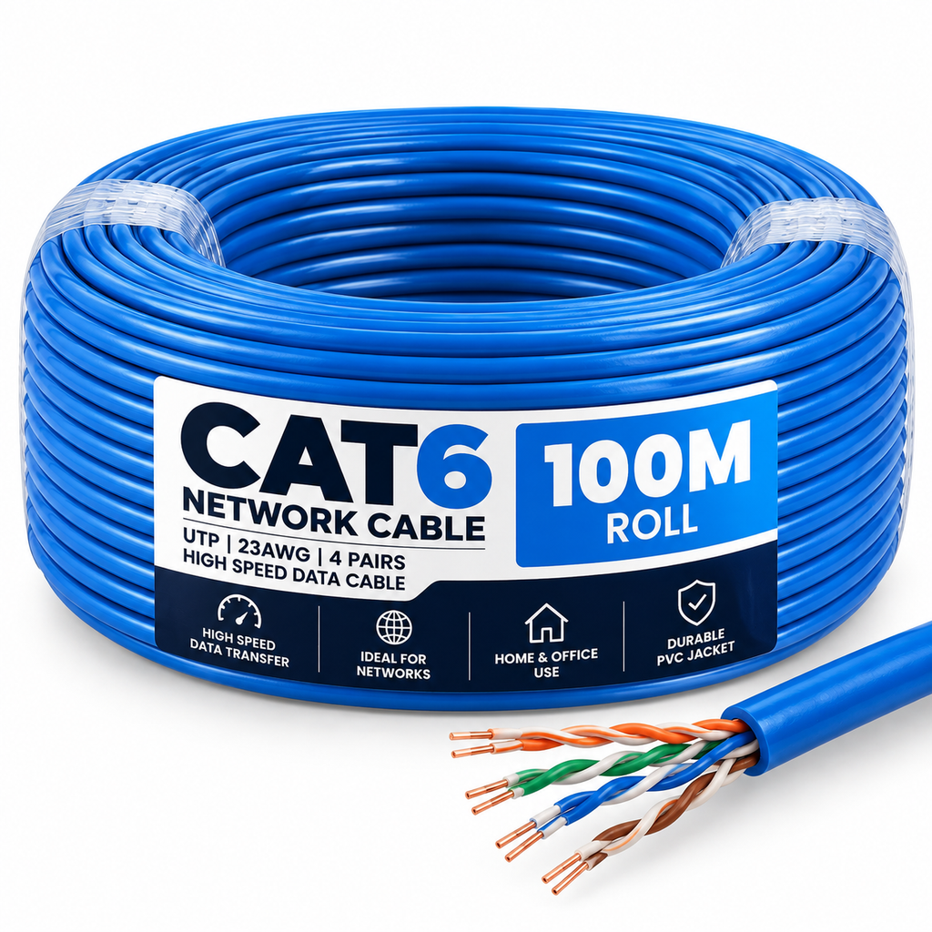 CAT6 Network Cable 100m Roll – UTP 23AWG 4 Pair High-Speed Ethernet Cable