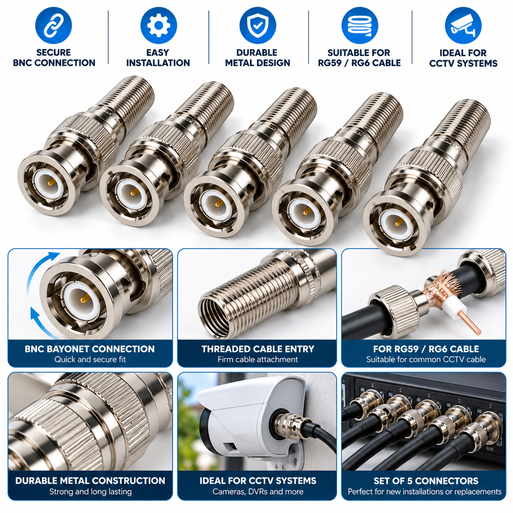 5-Piece BNC Connector Set for CCTV RG59/RG6 Coaxial Cable