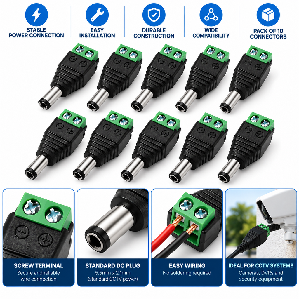 CCTV DC Power Connector – 5.5mm x 2.1mm Screw Terminal Adapter (Pack of 10)