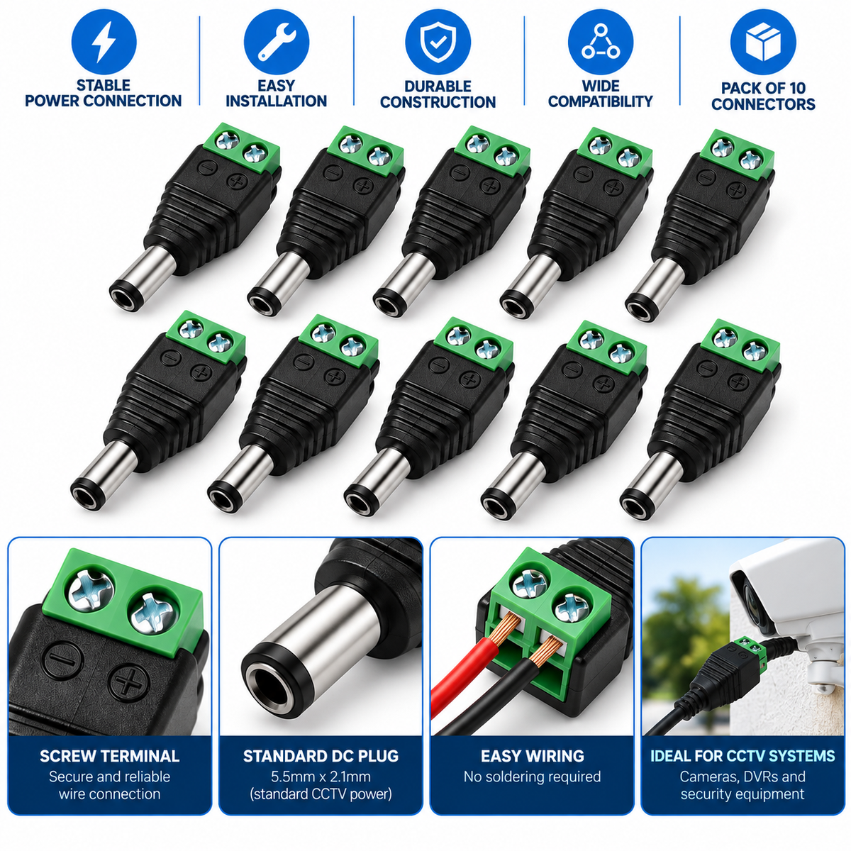 CCTV DC Power Connector – 5.5mm x 2.1mm Screw Terminal Adapter (Pack of 10)