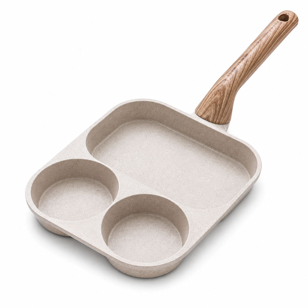 3-Compartment Frying Pan with Wooden-Style Handle