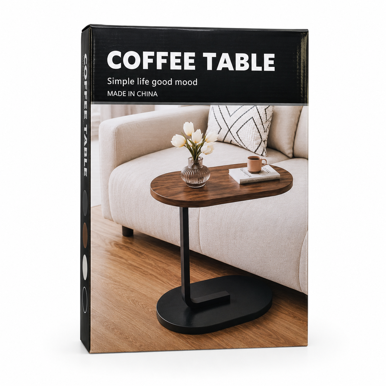 Modern C-Shaped Side Table – Oval Wooden Top & Black Metal Base