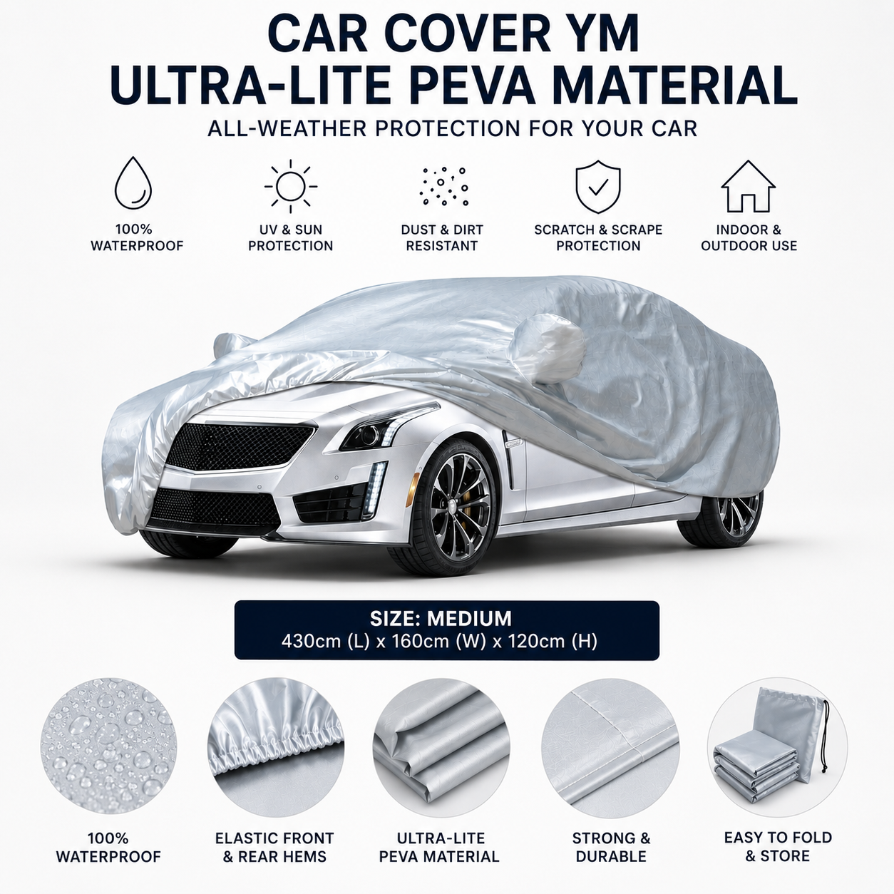 Car Cover YM Ultra-Lite PEVA Material | 100% Waterproof All-Weather Protection