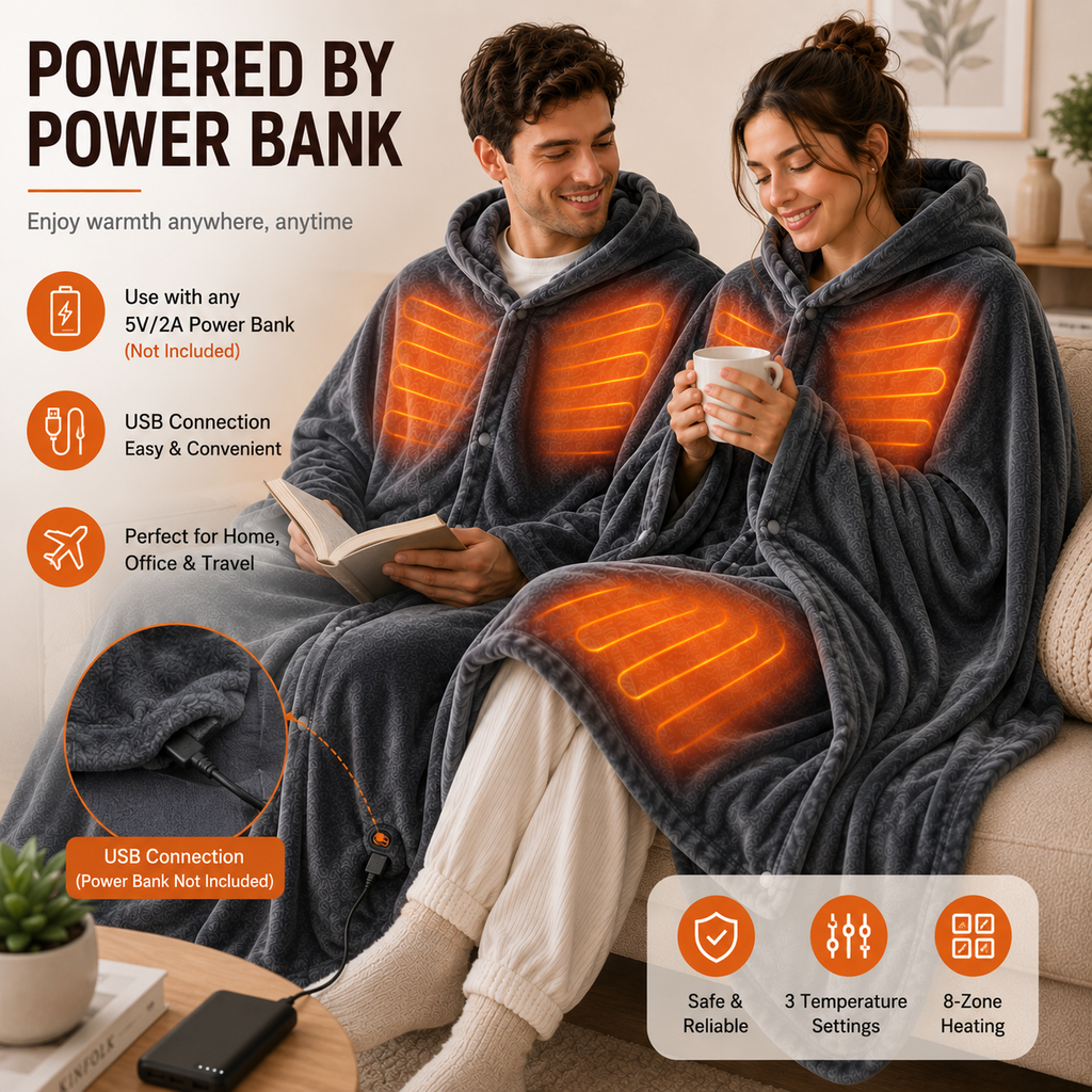 Electric Heating Blanket Shawl – 3 Temperature Settings & 8-Zone Heating