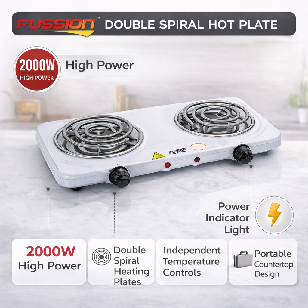 FUSSION FC-4005 Double Spiral Hot Plate Cooker – 2000W Dual Electric Countertop Burner