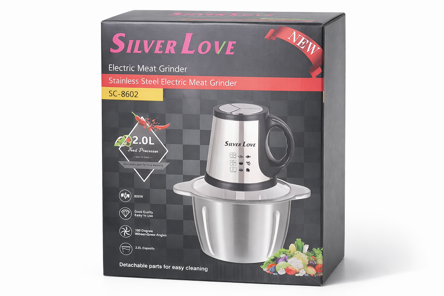 Silver Love Electric Meat Grinder SC-8602 – 2.0L Stainless Steel Food Processor, 800W