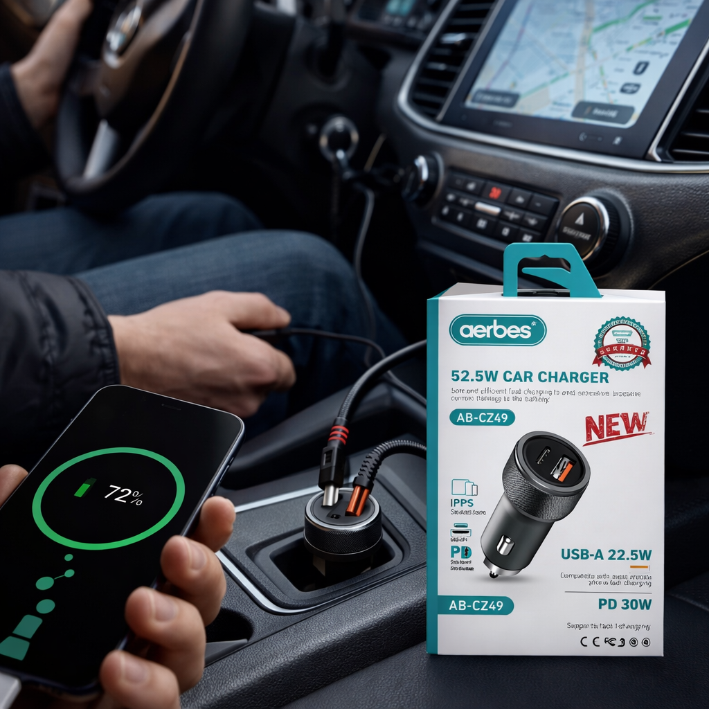 Aerbes AB-CZ49 52.5W Dual-Port Car Charger – USB-C PD 30W + USB-A 22.5W Fast Charging