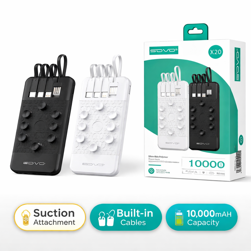 SOVO 10000mAh Power Bank – Built-in Cables with Suction Design