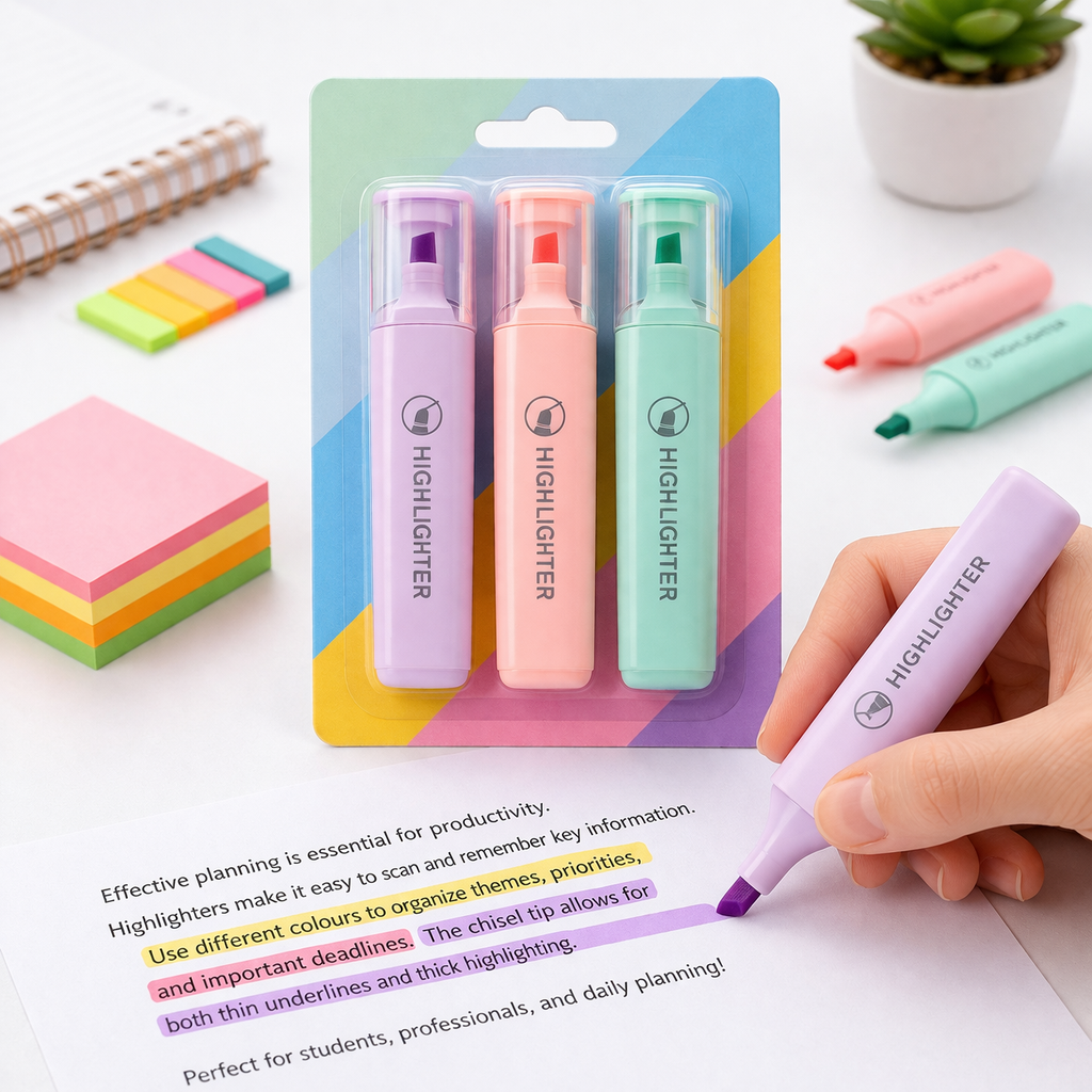 Weibo Pastel Highlighters 3 Pack – Vivid Colour Marker Set