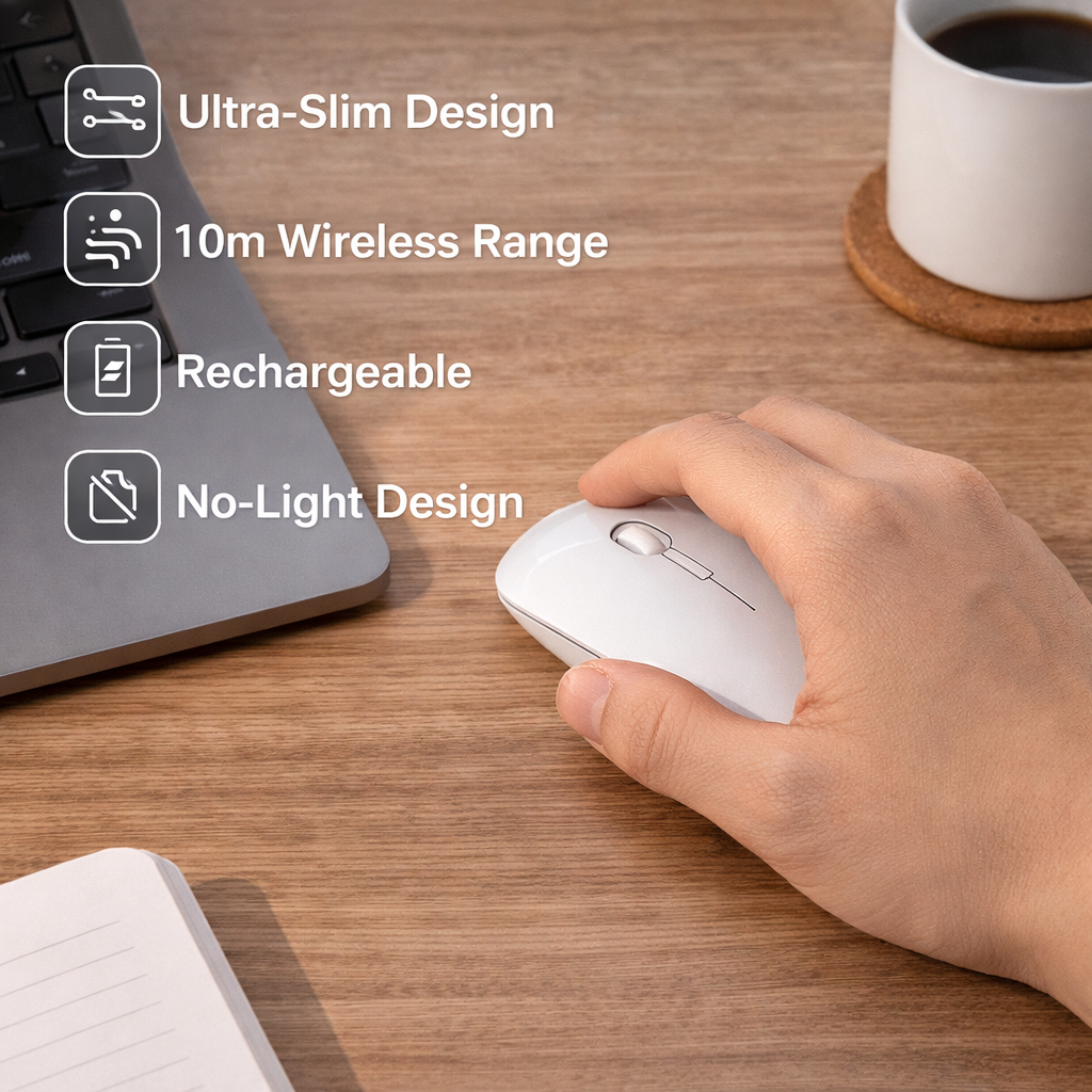 Wireless Mouse Ultra-Slim – Rechargeable 10m Range Silent Mouse (2.4GHz)