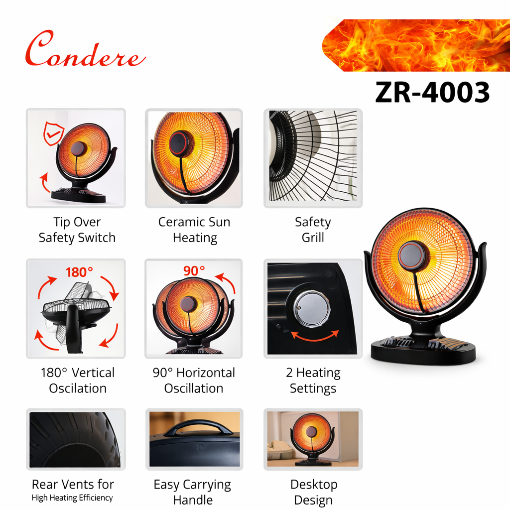 Condere ZR-4003 Electric Heater – 1000W Ceramic Carbon Heater