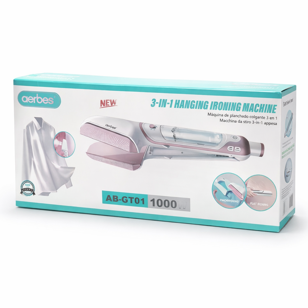 Box of a 3-in-1 hanging ironing machine by aerbes on a white background