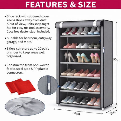 5-Tier Fabric Shoe Rack with Zipper Cover | Dustproof Storage Organizer (20 Pair Capacity)