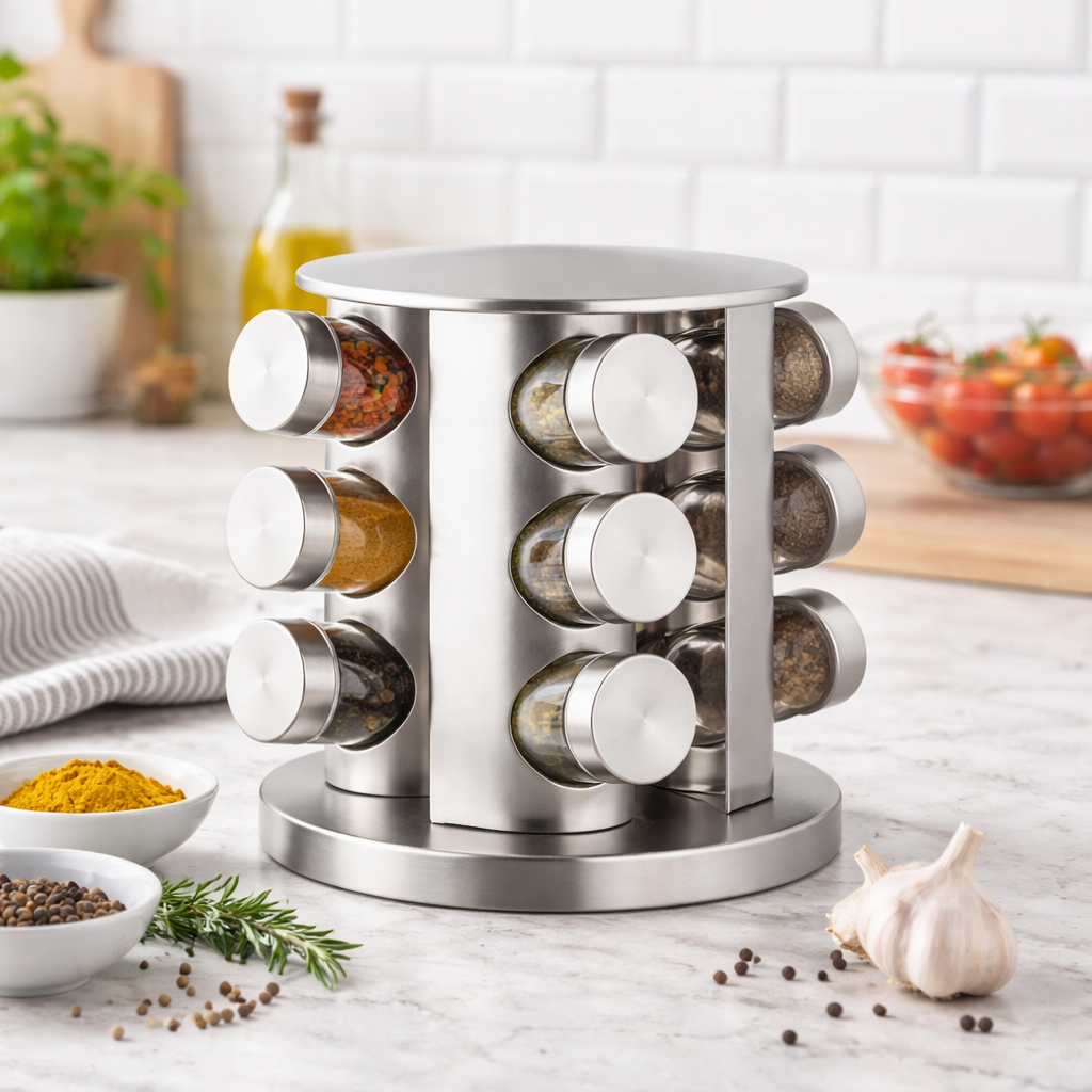 360° Rotating Stainless Steel Spice Rack Set with 12 Glass Jars | Kitchen Organizer