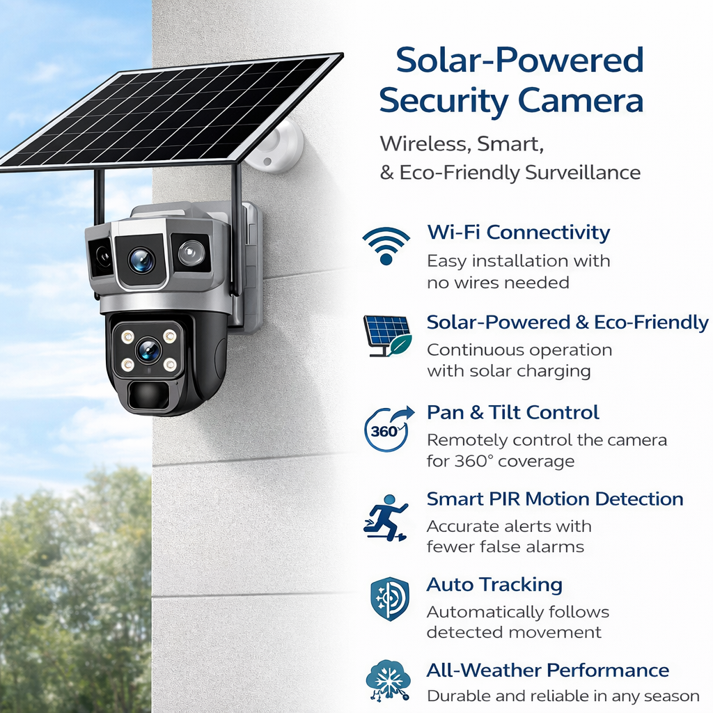 Solar Powered Dual-Lens PTZ Security Camera | Wireless Outdoor CCTV with Auto Tracking & Night Vision