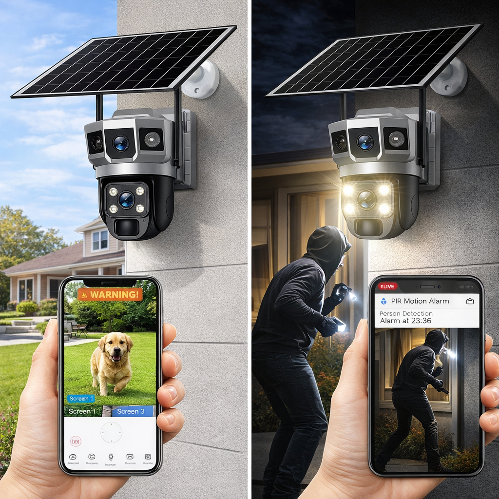 Solar Powered Dual-Lens PTZ Security Camera | Wireless Outdoor CCTV with Auto Tracking & Night Vision