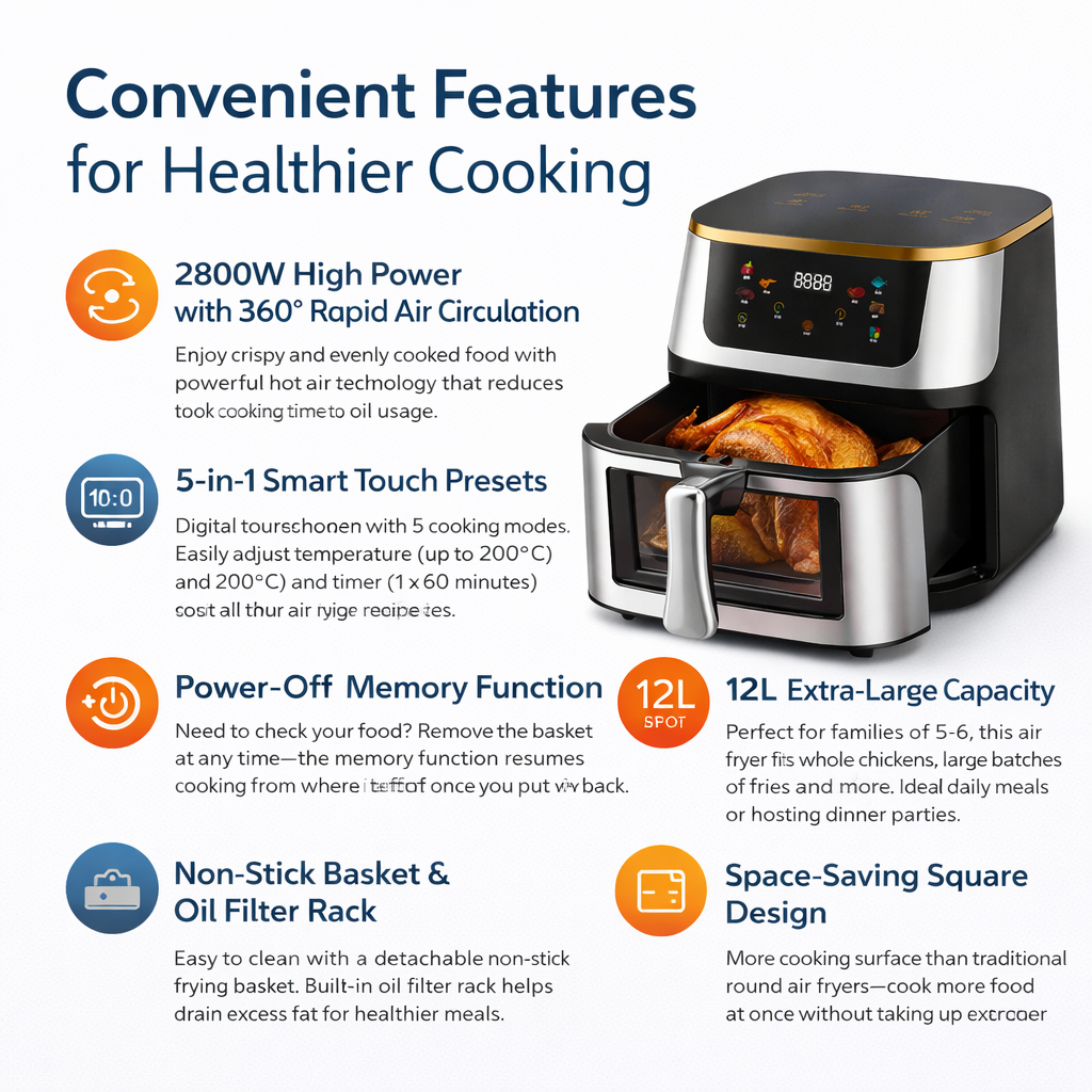 Condere 12L Digital Air Fryer 2800W | Extra Large Capacity with Smart Touch & Rapid Air Technology