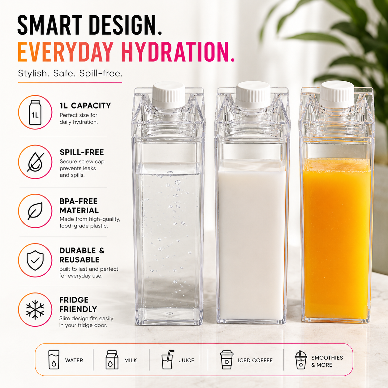 1L Transparent Carton Bottle – BPA-Free Spill-Free Drink Container