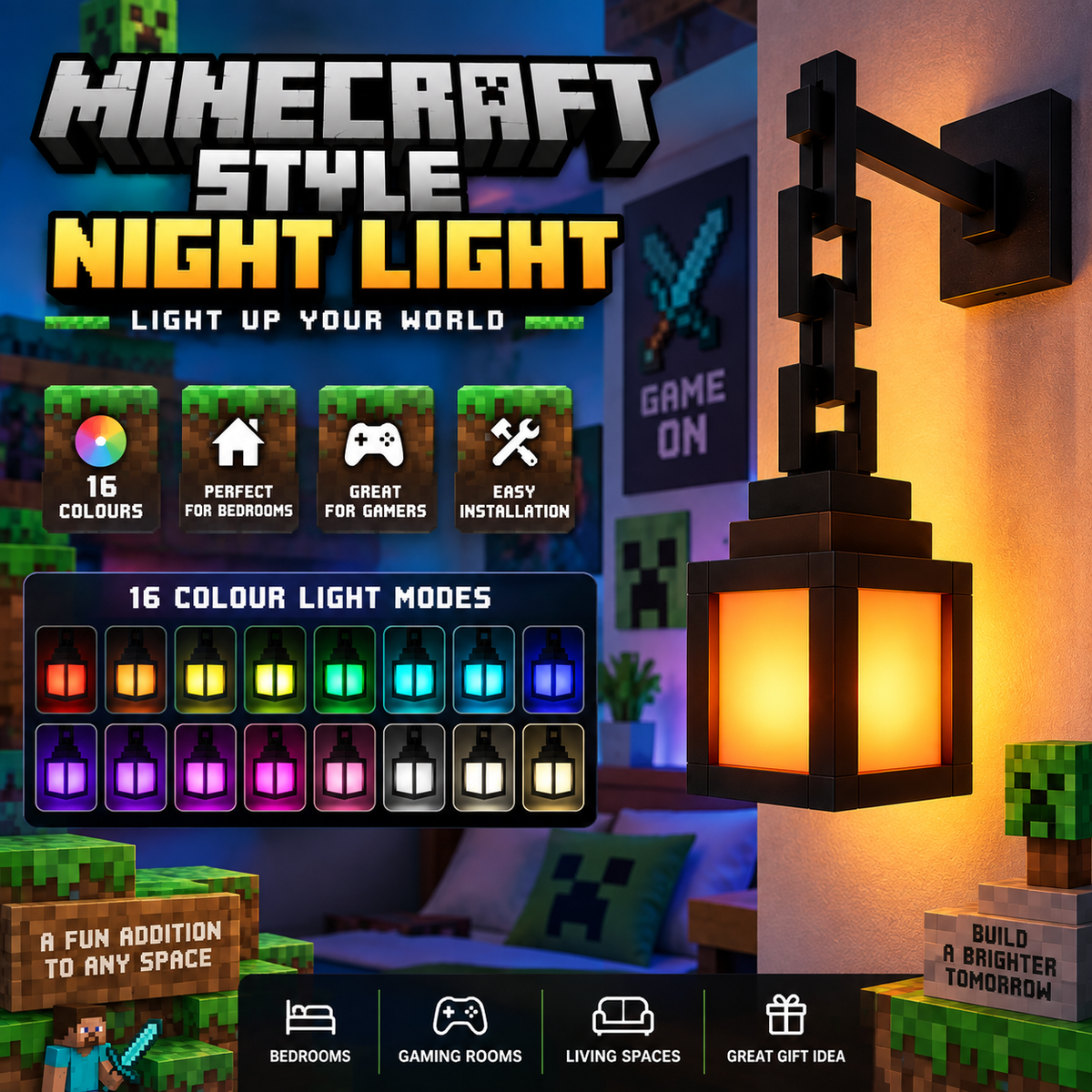 Minecraft-Style 16-Colour LED Night Light – Decorative Bedroom Lamp