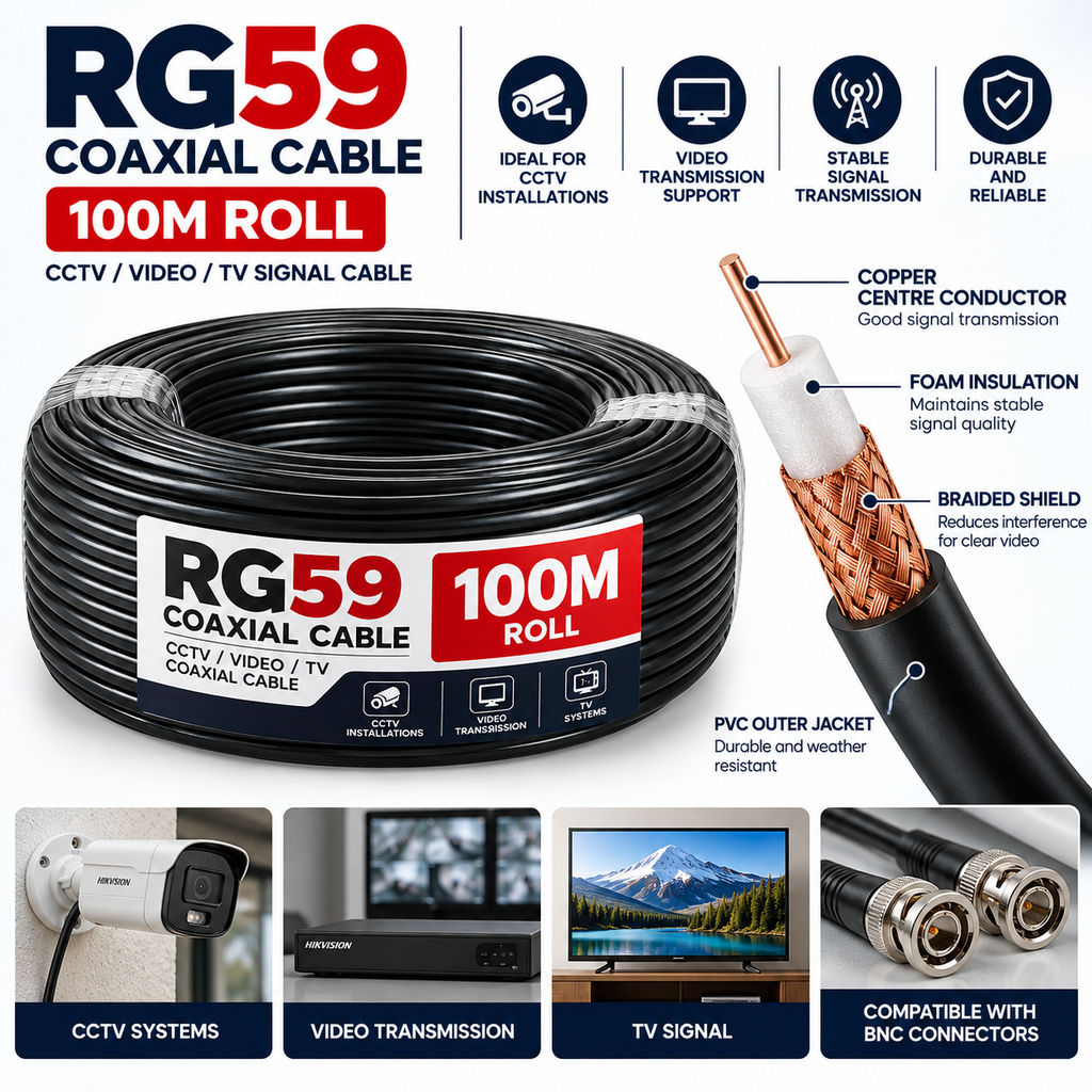 RG59 100m Coaxial Cable Roll – CCTV Camera & Video Cable