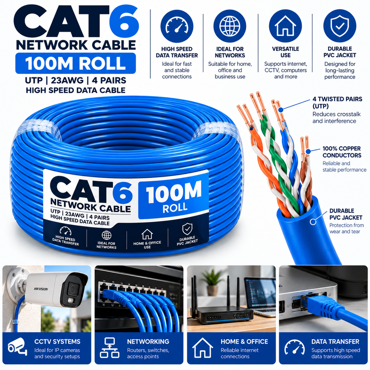 CAT6 Network Cable 100m Roll – UTP 23AWG 4 Pair High-Speed Ethernet Cable