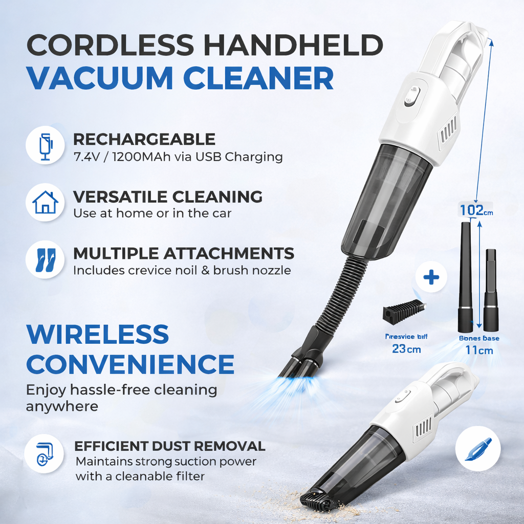 Cordless Handheld Vacuum Cleaner 2-in-1 | Rechargeable 7.4V | Car & Home Use