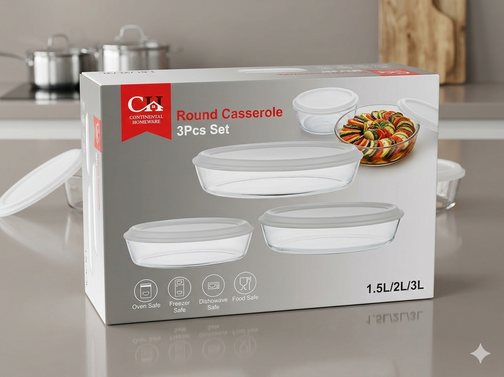 Continental Homeware Round Glass Casserole Set with Lids – 3 Piece Borosilicate Bakeware (1.5L, 2L, 3L) Oven & Microwave Safe