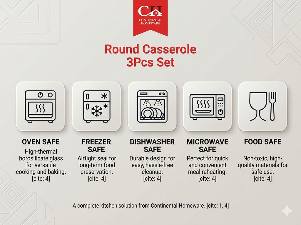 Continental Homeware Round Glass Casserole Set with Lids – 3 Piece Borosilicate Bakeware (1.5L, 2L, 3L) Oven & Microwave Safe