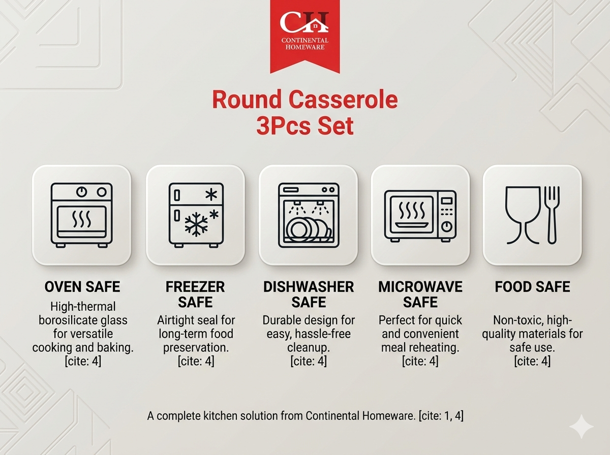Continental Homeware Round Glass Casserole Set with Lids – 3 Piece Borosilicate Bakeware (1.5L, 2L, 3L) Oven & Microwave Safe