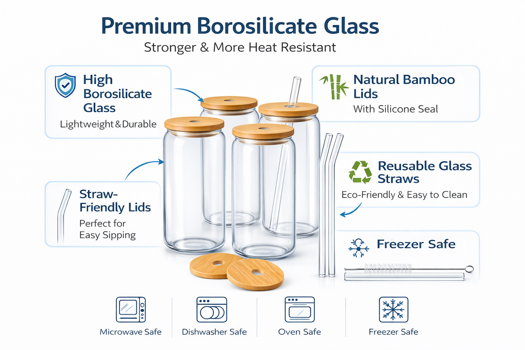 480ml Can Glass Cups with Bamboo Lids & Glass Straws – 4 Pack