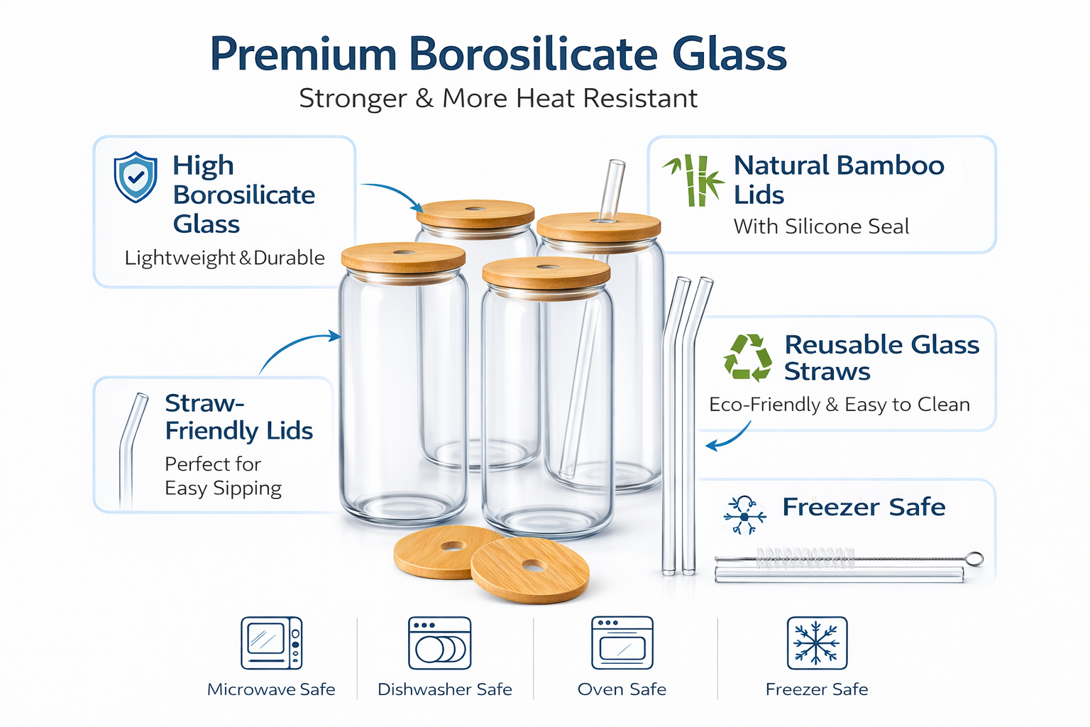 480ml Can Glass Cups with Bamboo Lids & Glass Straws – 4 Pack