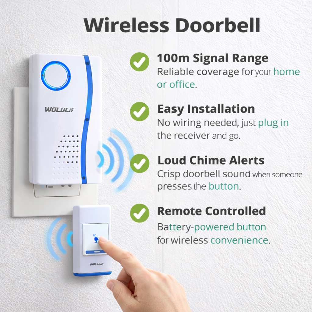 Wireless Doorbell Kit 100m Range | Plug-in Receiver & Battery Button