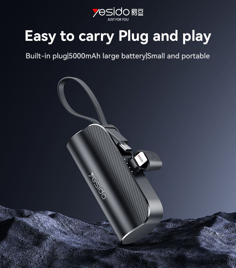 Yesido Super Mini 5000mAh Power Bank with Built-in Lightning & Type-C Plug – Fast Charging Portable Charger